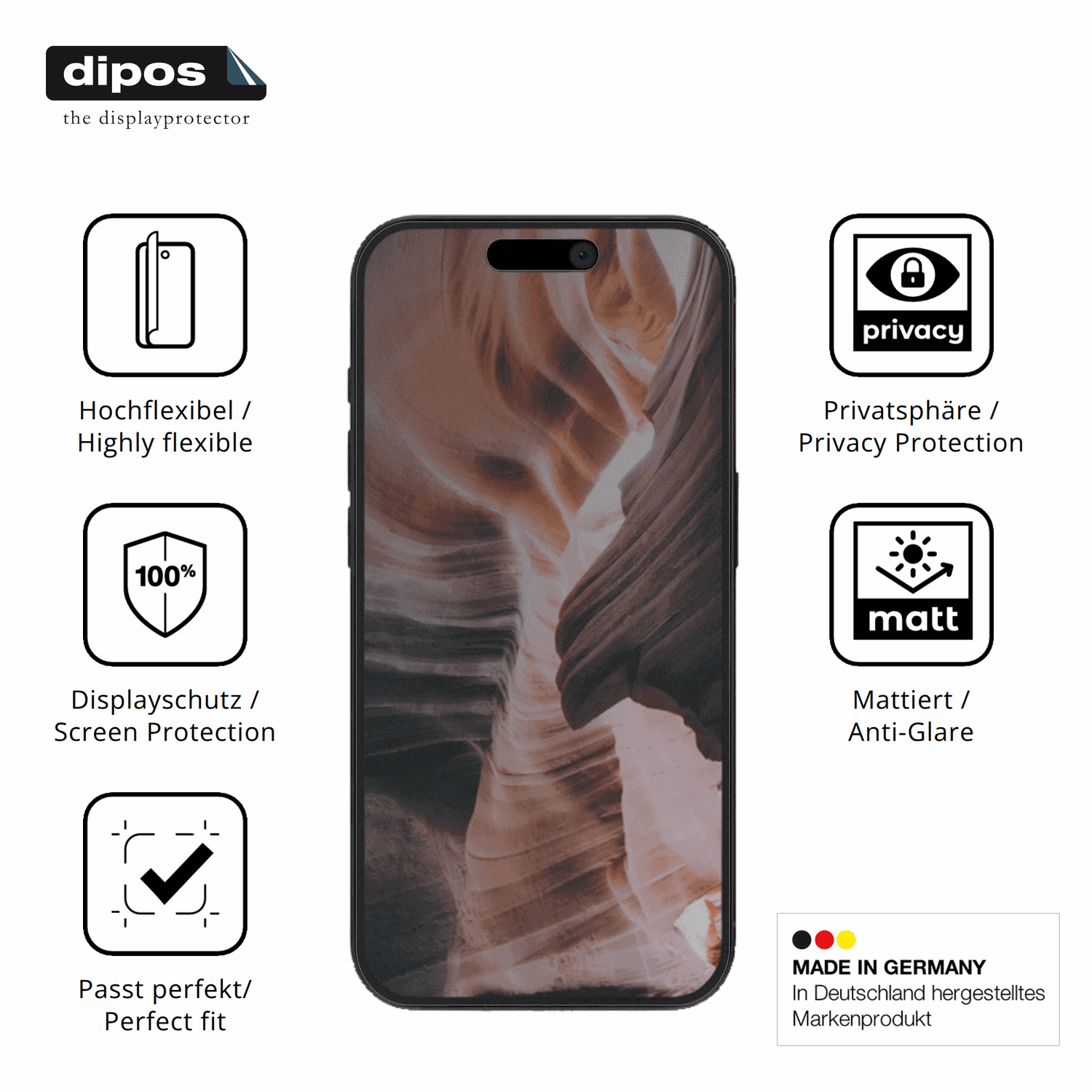 Flexible TPU-Folie passend zugeschnitten für Apple iPhone 15, mit Privatsphäre-Schutz durch Sichtschutz-Folie