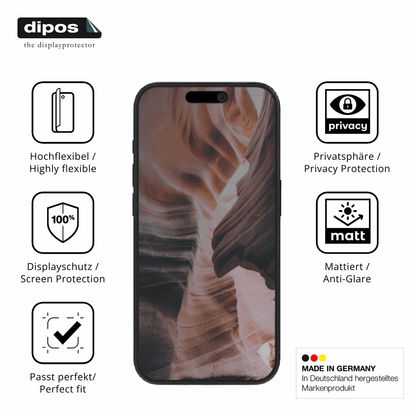 Flexible TPU-Folie passend zugeschnitten für Apple iPhone 15, mit Privatsphäre-Schutz durch Sichtschutz-Folie