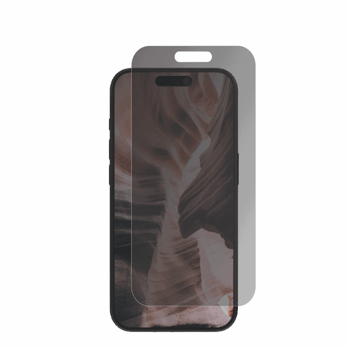 AppleiPhone 15 Pro mit aufgebrachter dipos Flex Schutzfolie, die seitliche Einblicke blockiert