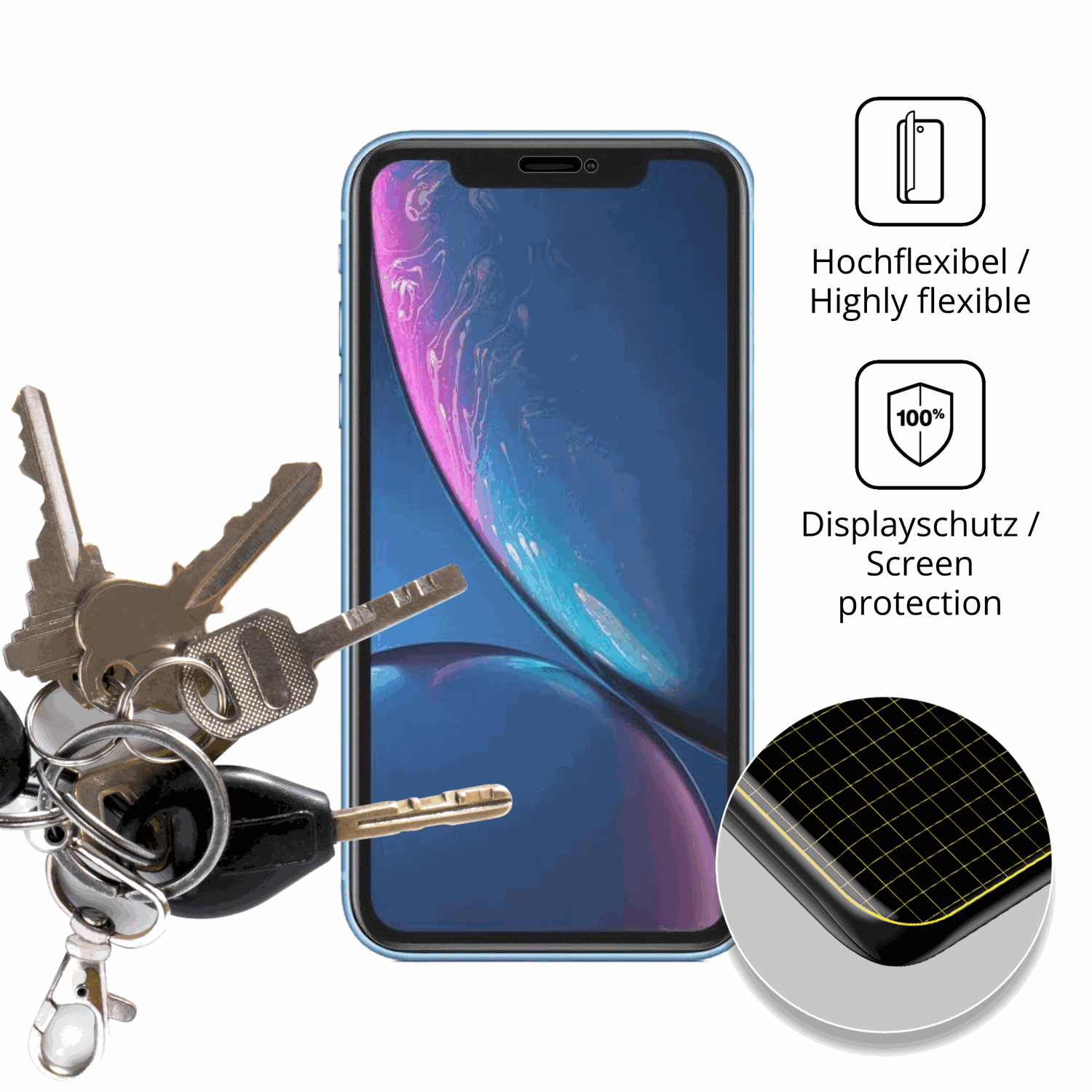 dipos Displayschutz für Apple iPhone XR, transparente Oberfläche, perfekte Passform auch für die Rundungen