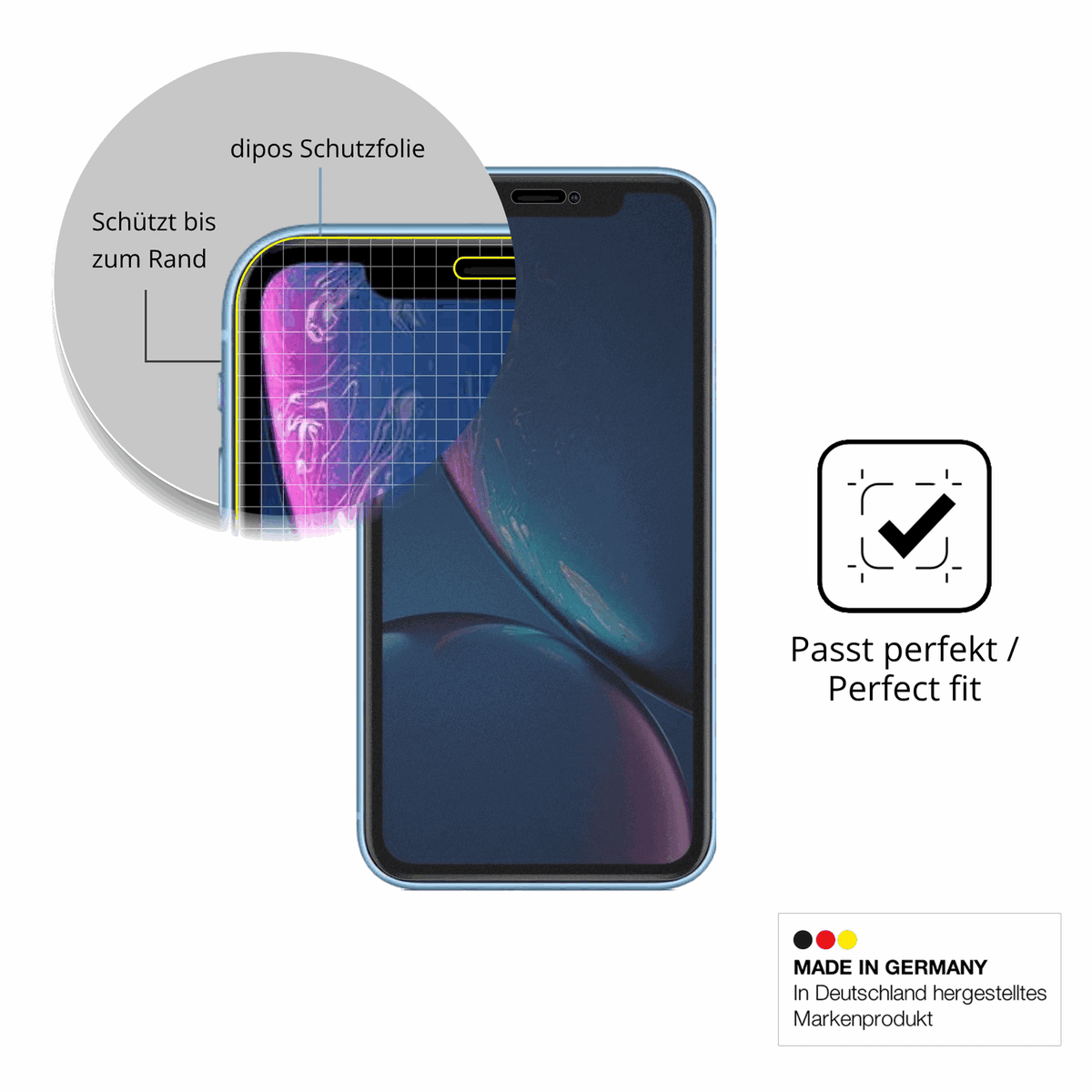 Schutz gegen Kratzer auf dem Apple iPhone XR Glas durch Schlüssel, Stöße gegen die Tischkante oder Stürze