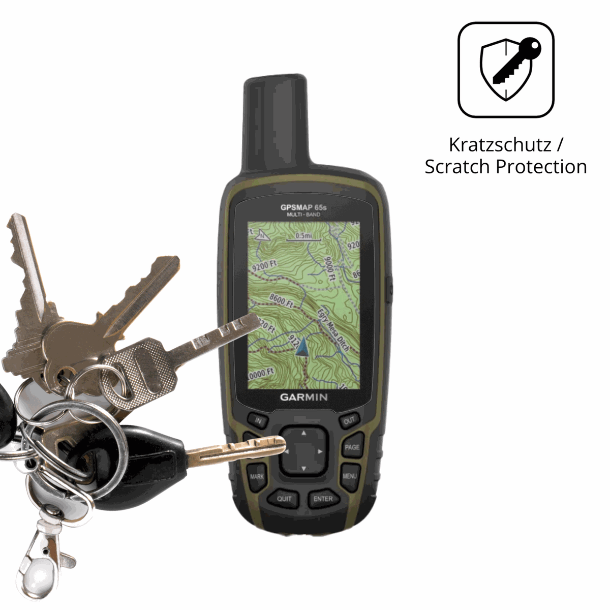 Schutz gegen Kratzer auf dem Garmin GPSMAP 65s Glas durch Schlüssel oder Ähnliches