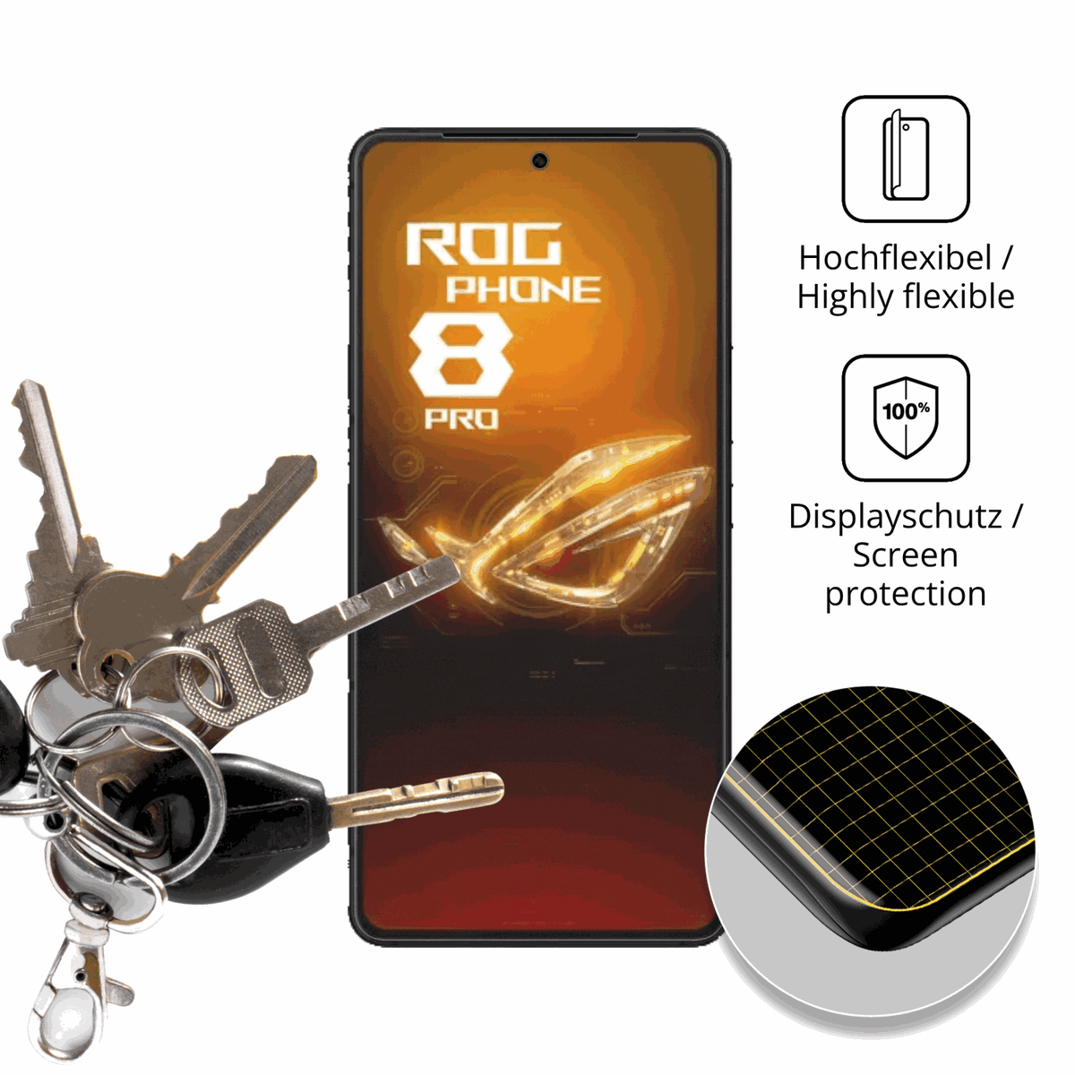 dipos Displayschutz für Asus Rog Phone 8 Pro, transparente Oberfläche, perfekte Passform auch für die Rundungen