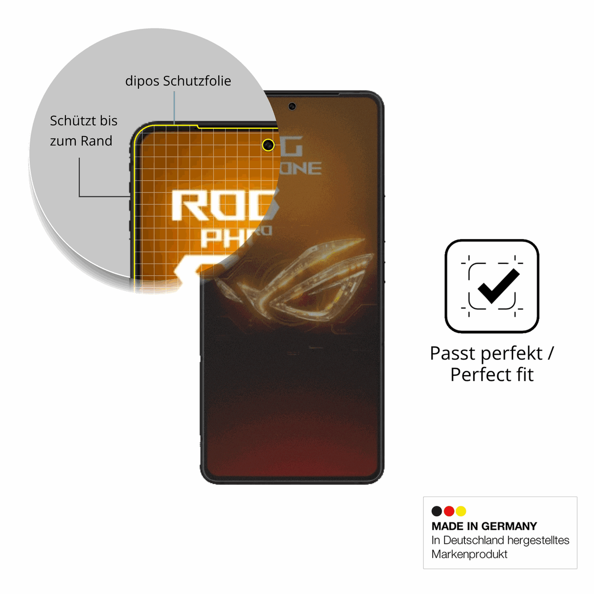 Schutz gegen Kratzer auf dem Asus Rog Phone 8 Pro Glas durch Schlüssel, Stöße gegen die Tischkante oder Stürze