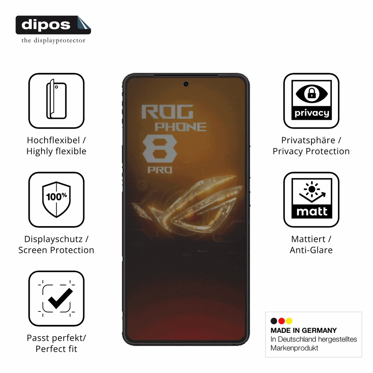 Flexible TPU-Folie passend zugeschnitten für Asus Rog Phone 8 Pro, mit Privatsphäre-Schutz durch Sichtschutz-Folie
