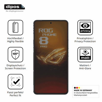 Flexible TPU-Folie passend zugeschnitten für Asus Rog Phone 8 Pro, mit Privatsphäre-Schutz durch Sichtschutz-Folie