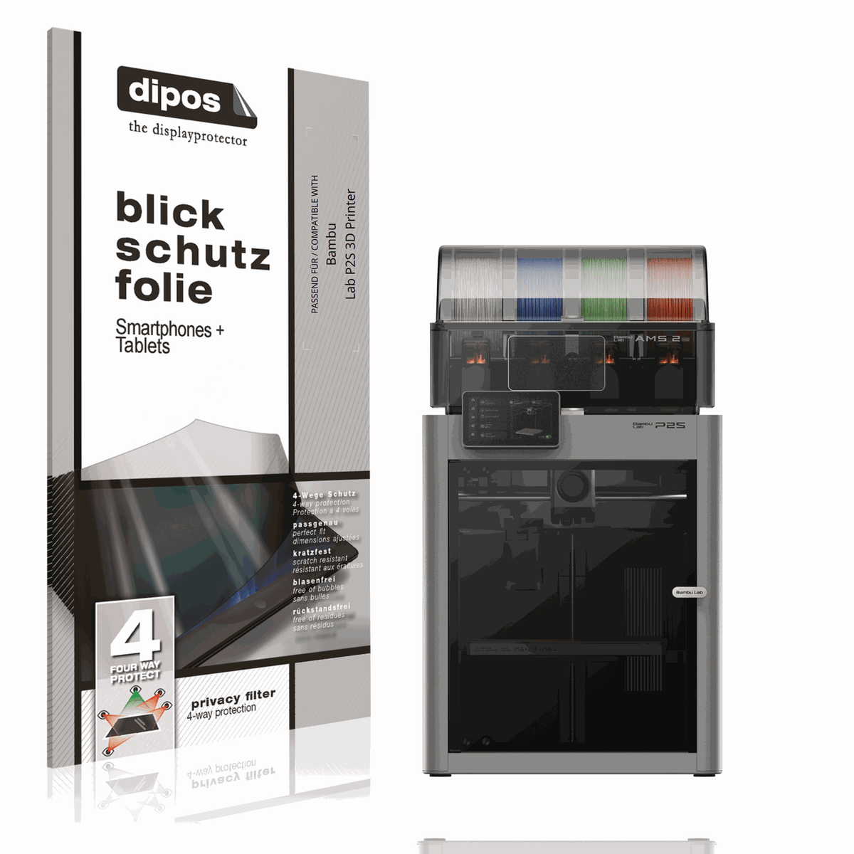 Blickschutzfolie von dipos passend für Bambu Lab P2S 3D Printer, präziser Zuschnitt und blasenfrei montiert