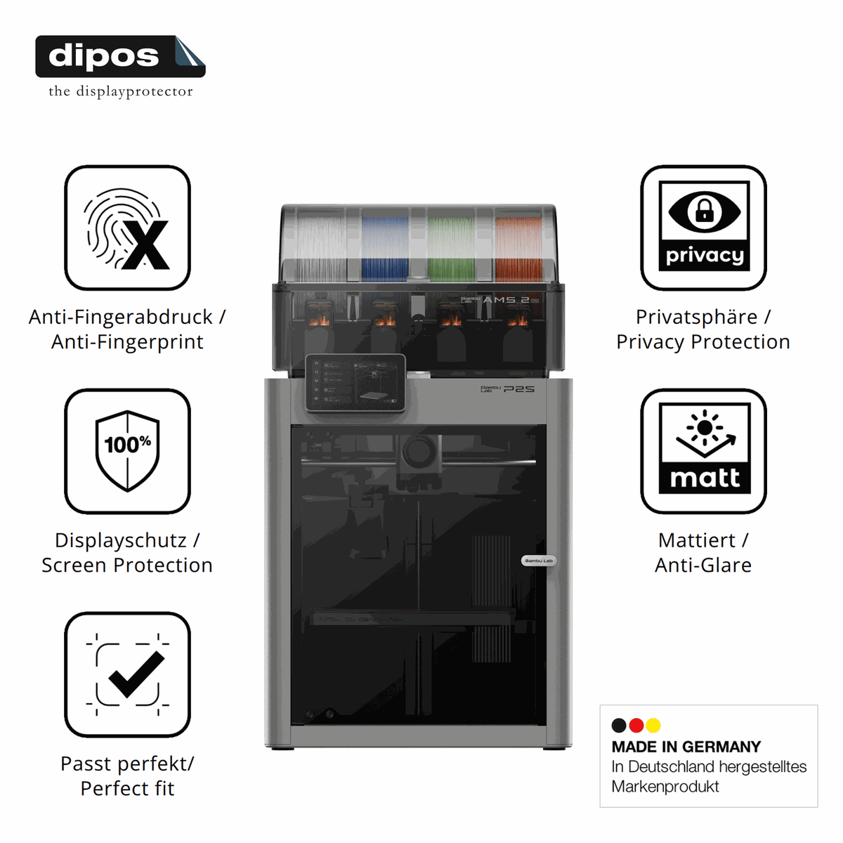 Privatsphäre-Schutz durch Sichtschutz-Folie passend zugeschnitten für Bambu Lab P2S 3D Printer