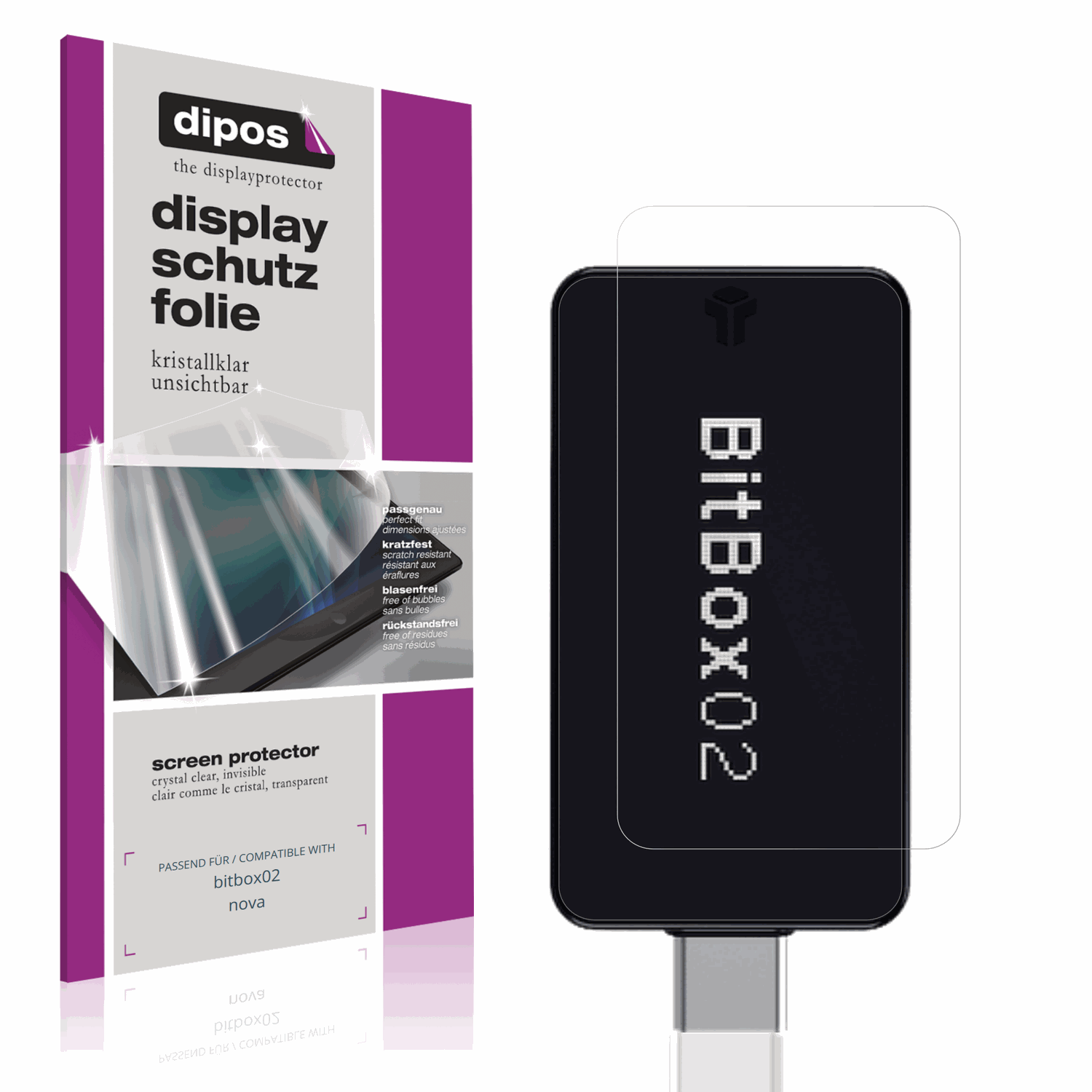 Klare Displayschutzfolie von dipos passend für bitbox02 nova, präziser Zuschnitt und blasenfrei montiert