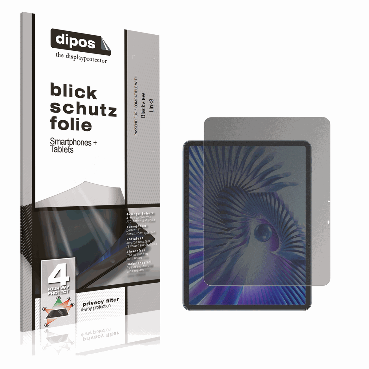 Blickschutzfolie von dipos passend für Blackview Link8, präziser Zuschnitt und blasenfrei montiert