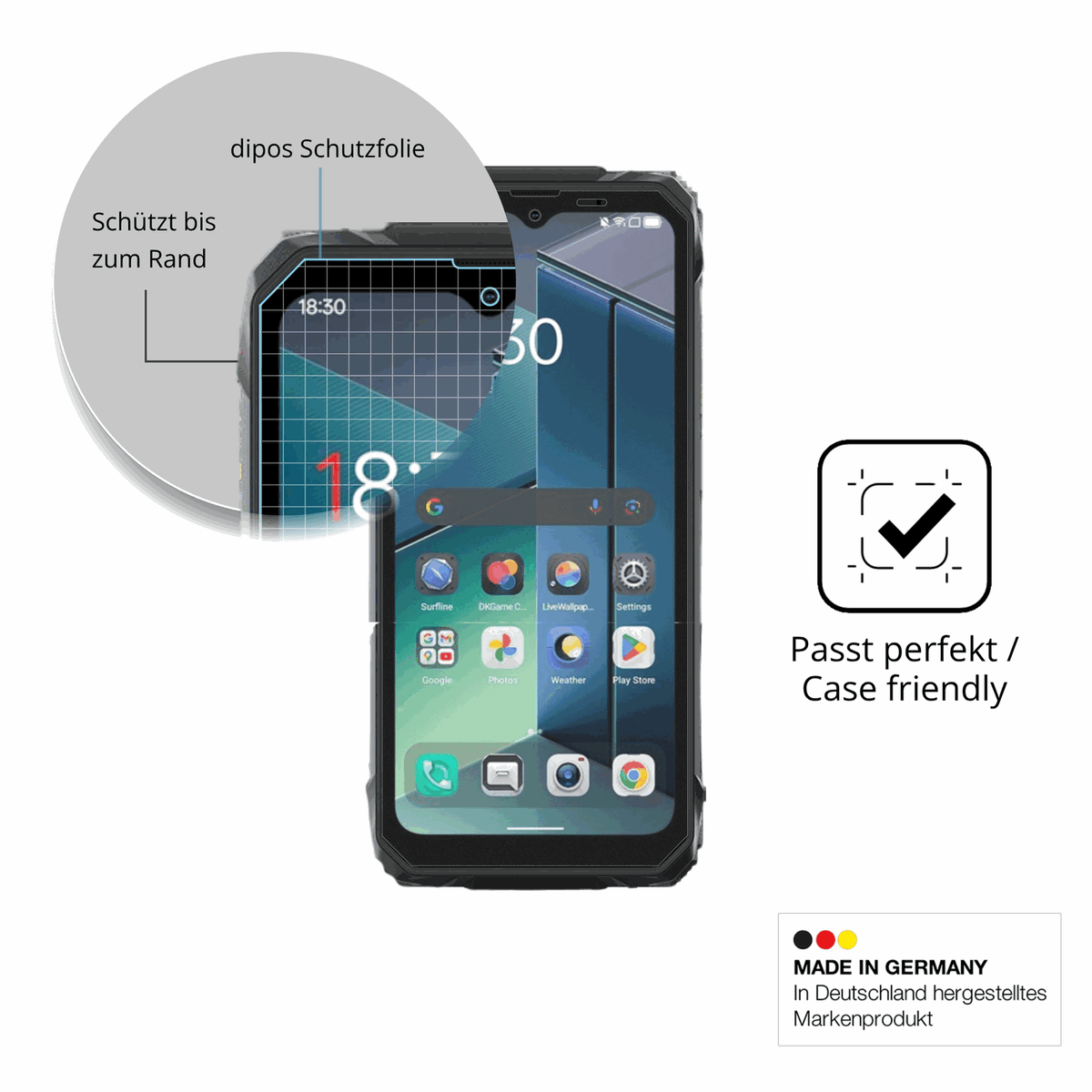 Schutzglasfolie mit optimaler Passform, zur Verwendung mit Hüllen geeignet
