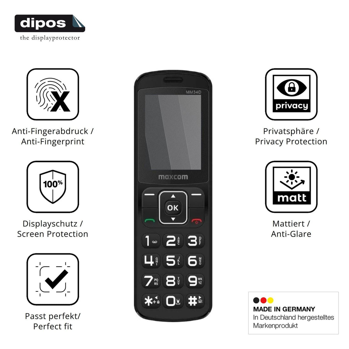Privatsphäre-Schutz durch Sichtschutz-Folie passend zugeschnitten für MaxCom Comfort MM34D 4G