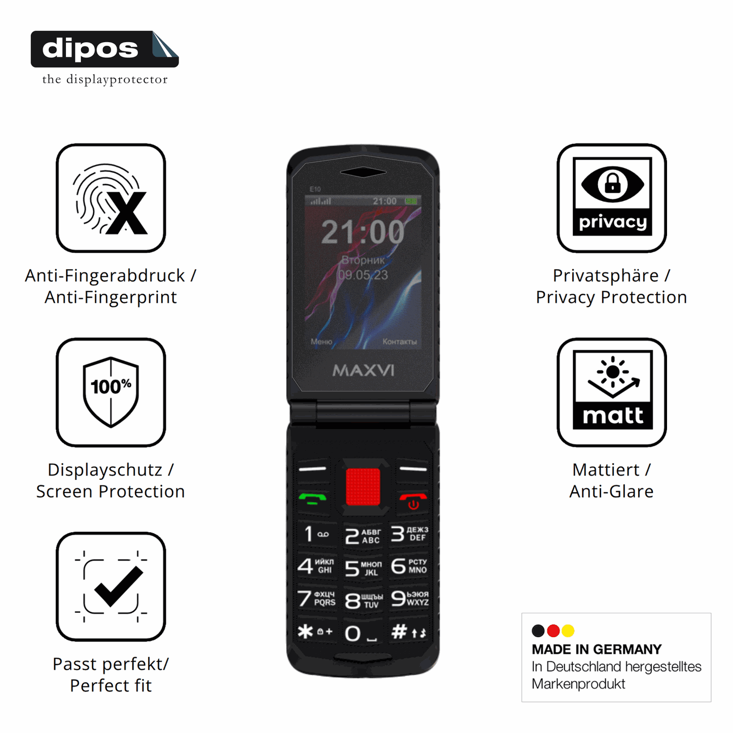 Privatsphäre-Schutz durch Sichtschutz-Folie passend zugeschnitten für Maxvi E10