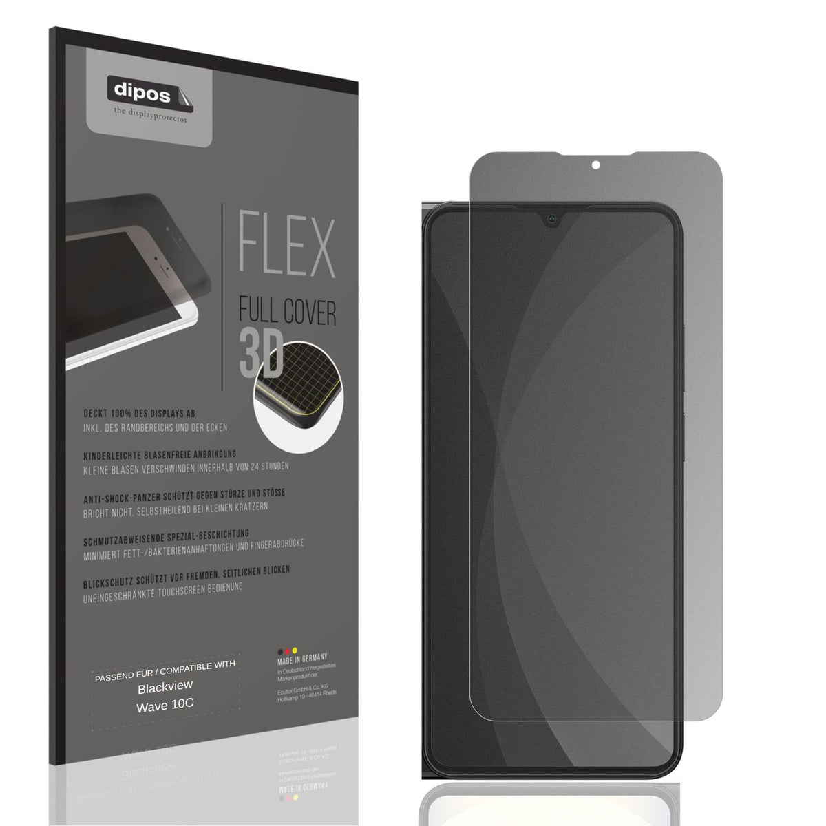 Blickschutzfolie von dipos passend für Blackview Wave 10C, 100% Displayabdeckung und blasenfreie Montage