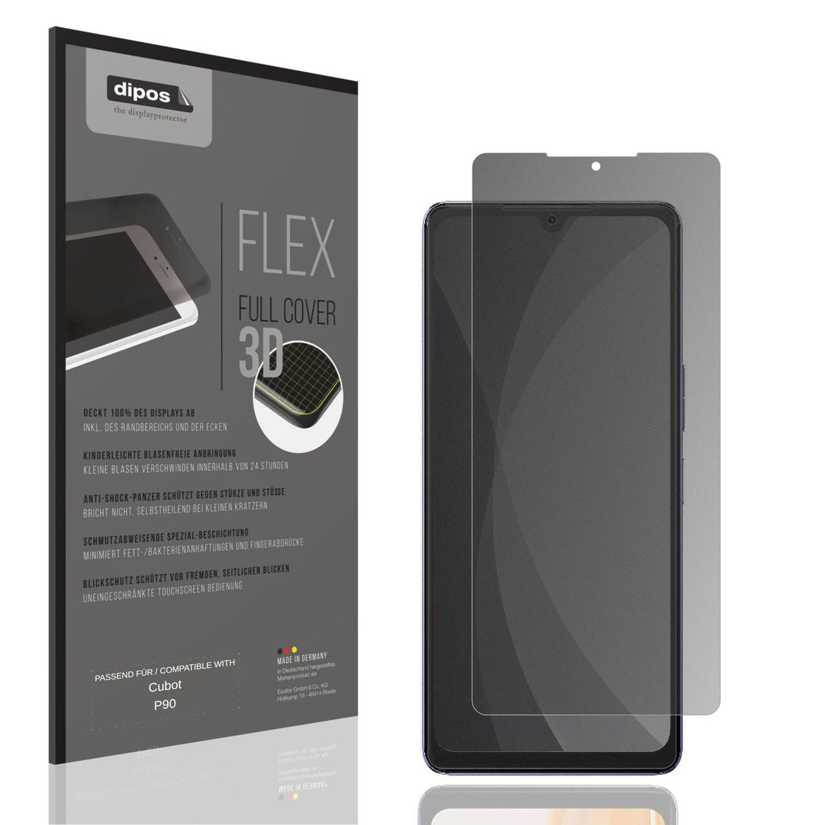 Blickschutzfolie von dipos passend für Cubot P90, 100% Displayabdeckung und blasenfreie Montage