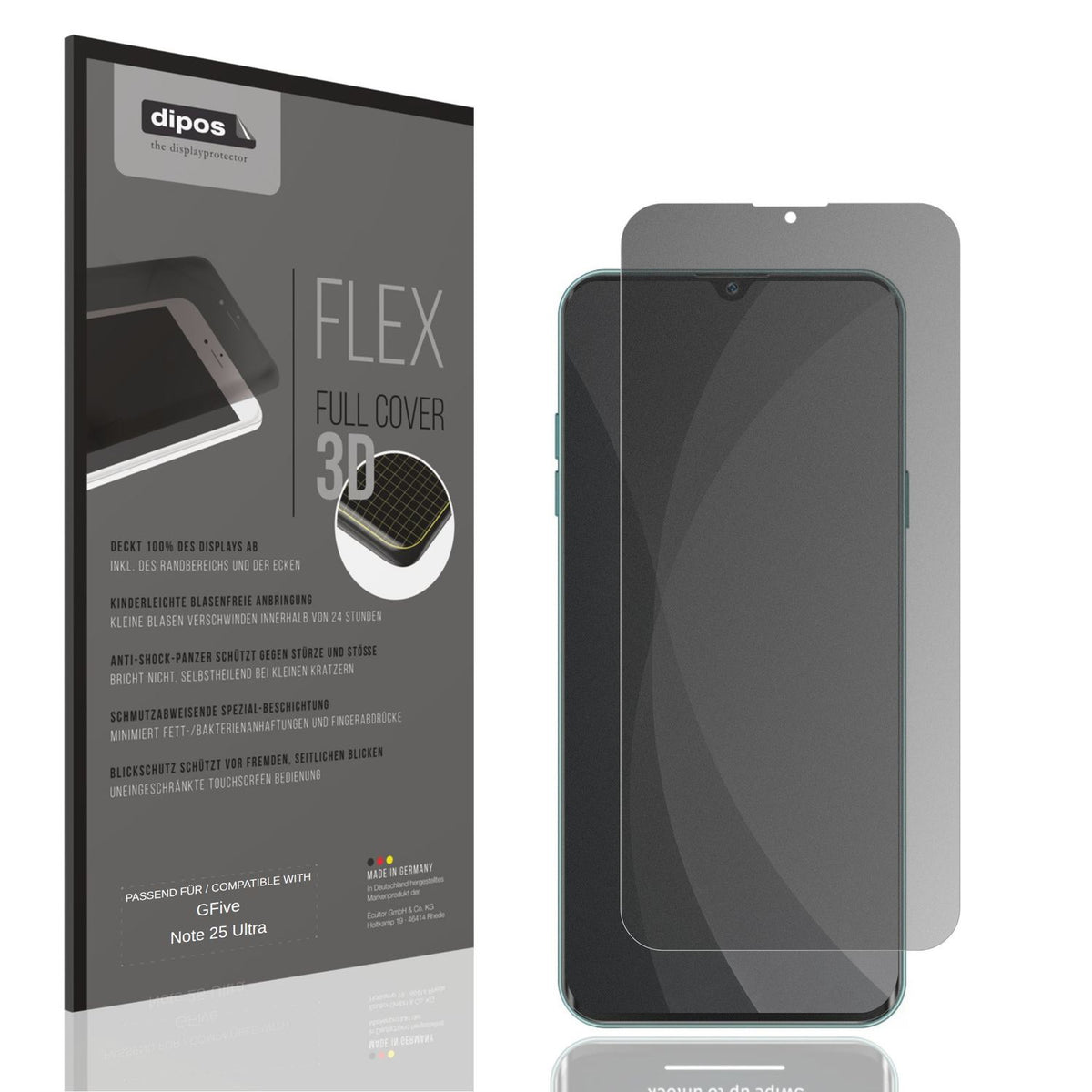 Blickschutzfolie von dipos passend für GFive Note 25 Ultra, 100% Displayabdeckung und blasenfreie Montage