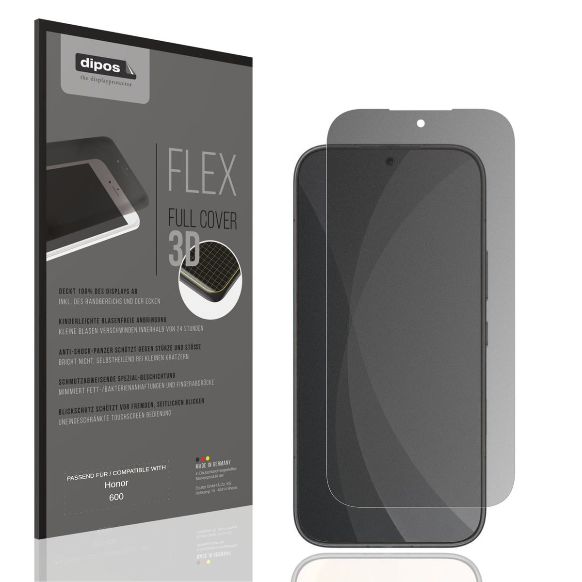 Blickschutzfolie von dipos passend für Honor 600, 100% Displayabdeckung und blasenfreie Montage