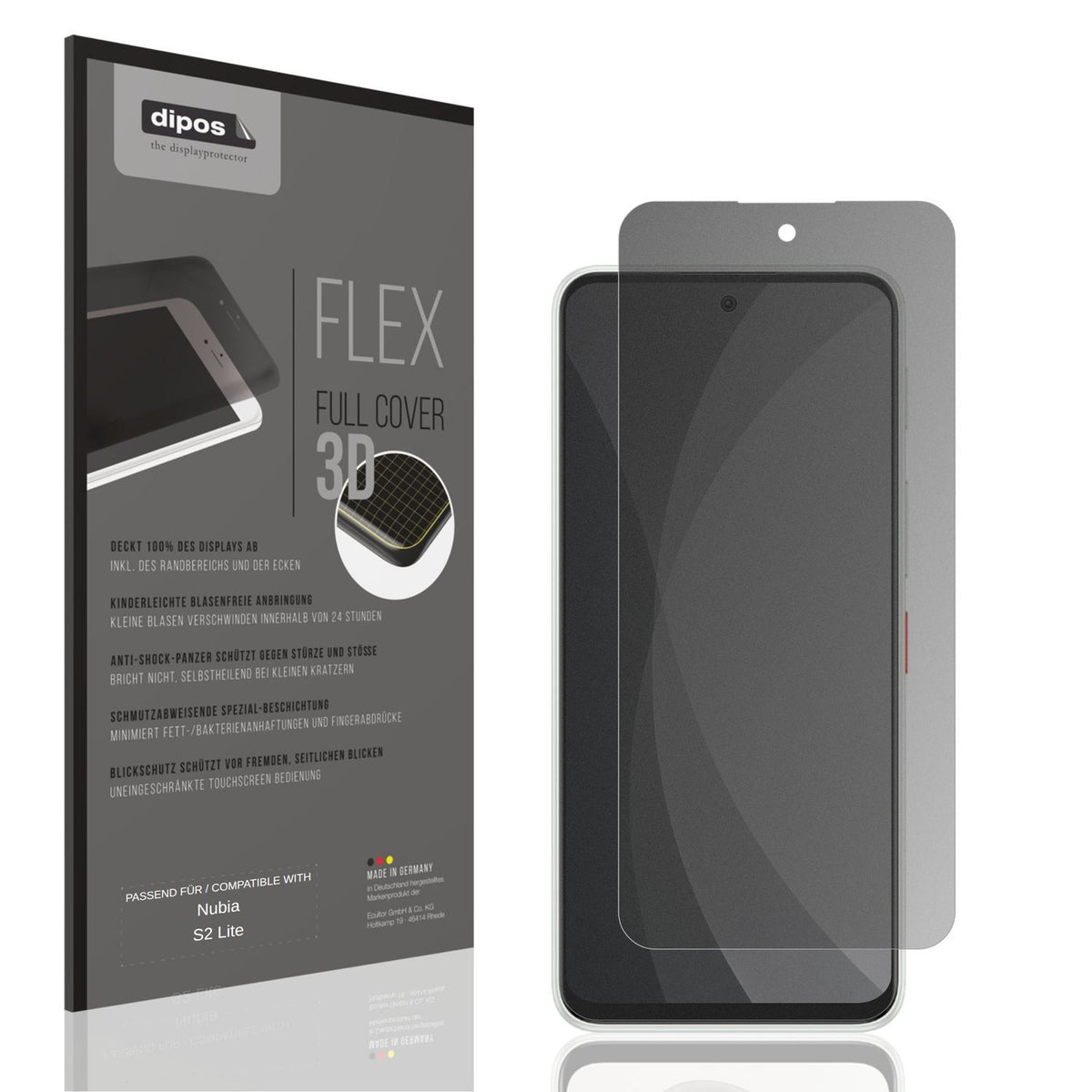 Blickschutzfolie von dipos passend für Nubia S2 Lite, 100% Displayabdeckung und blasenfreie Montage