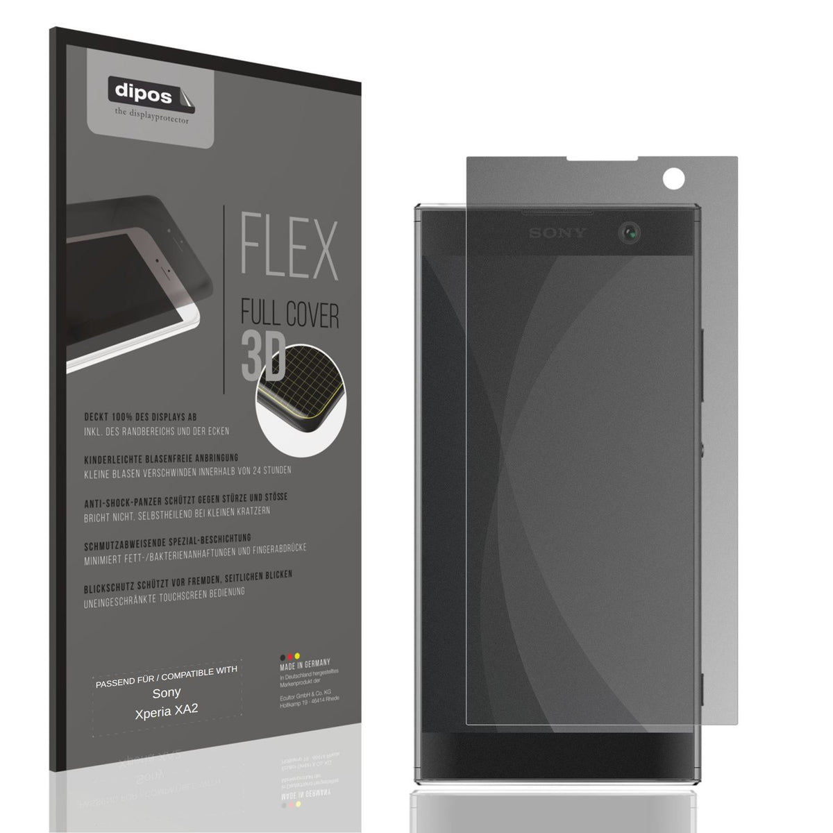 Blickschutzfolie von dipos passend für Sony Xperia XA2, 100% Displayabdeckung und blasenfreie Montage