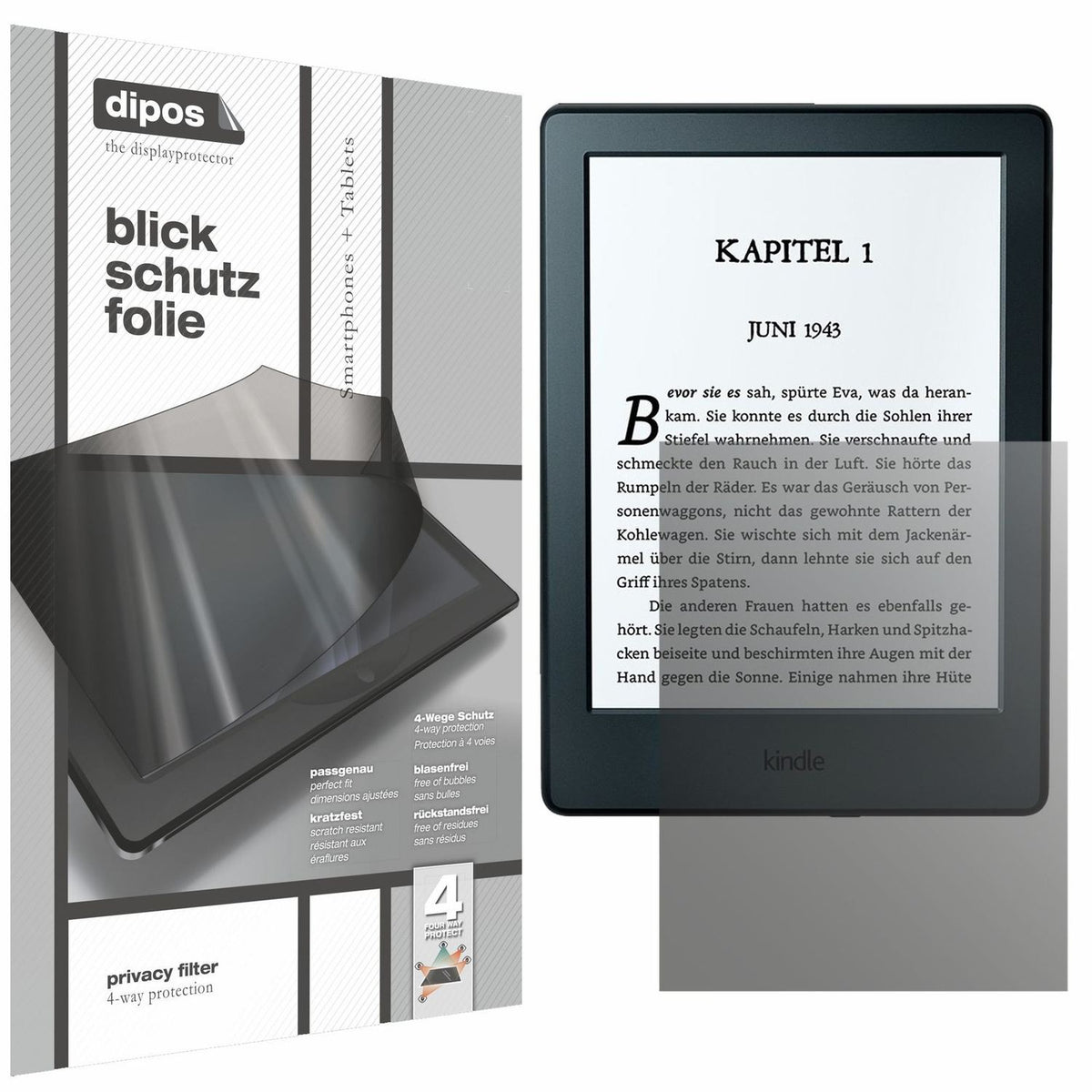 Blickschutzfolie von dipos passend für Amazon Kinde eReader (2016), präziser Zuschnitt und blasenfrei montiert