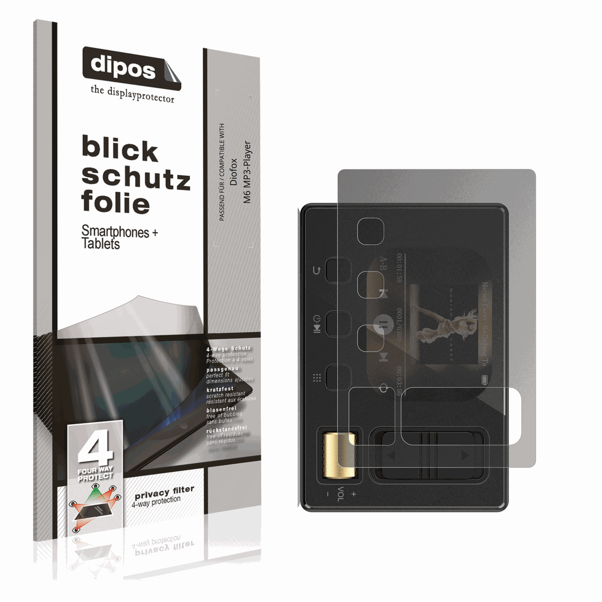 Blickschutzfolie von dipos passend für Diofox M6 MP3-Player, präziser Zuschnitt und blasenfrei montiert