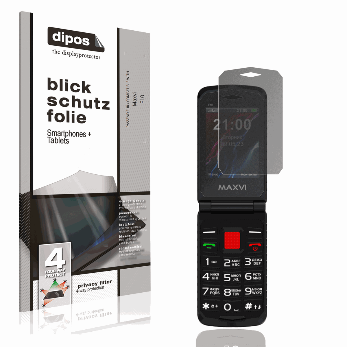 Blickschutzfolie von dipos passend für Maxvi E10, präziser Zuschnitt und blasenfrei montiert