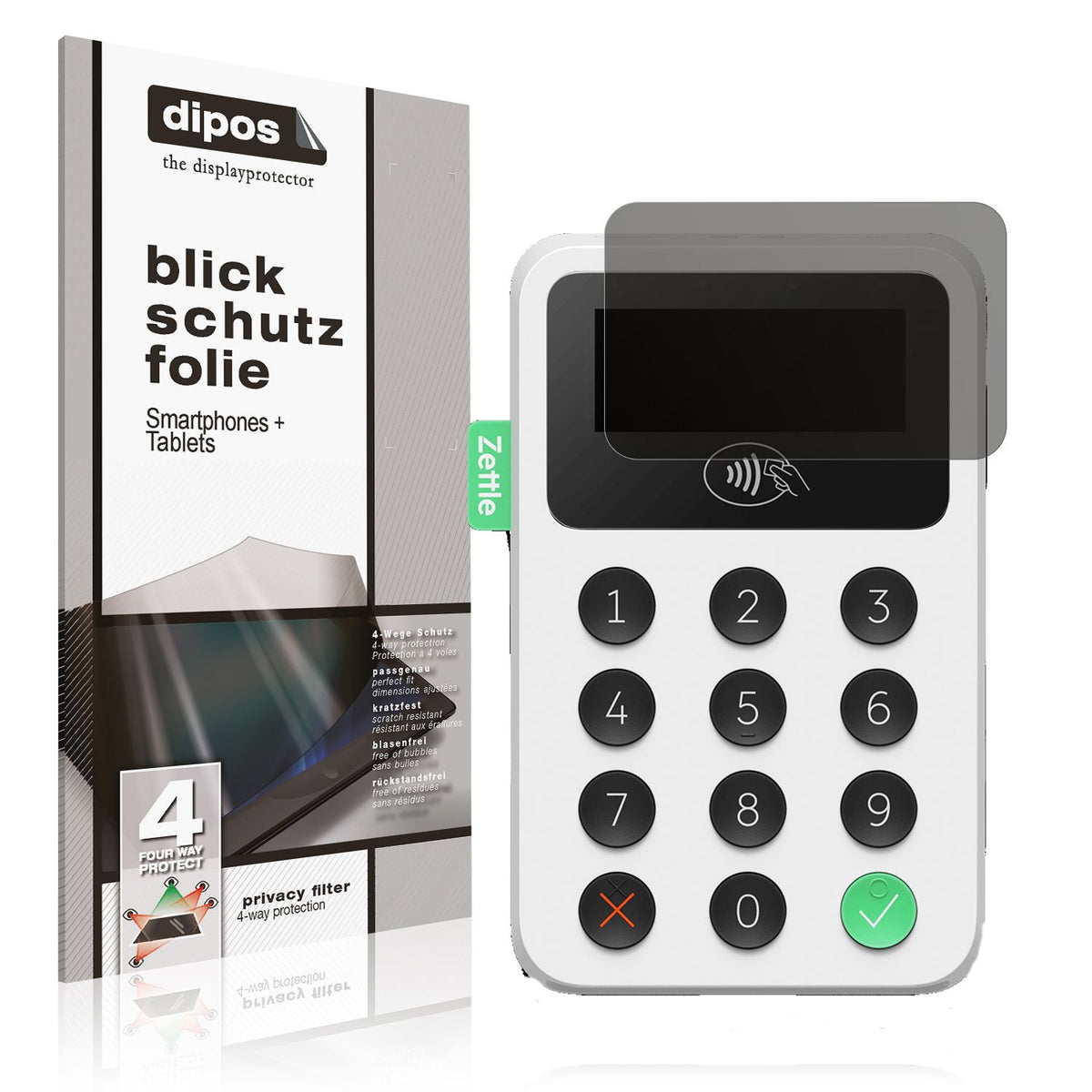Blickschutzfolie von dipos passend für Zettle Reader 2, präziser Zuschnitt und blasenfrei montiert