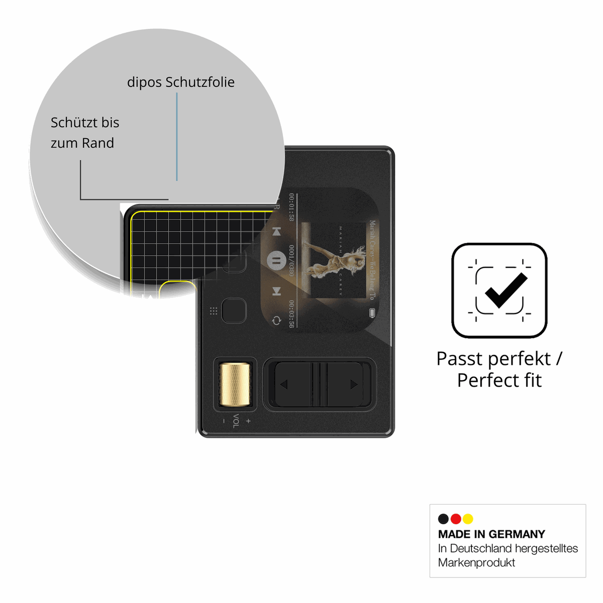 Schutz gegen Kratzer auf dem Diofox M6 MP3-Player Glas durch Schlüssel oder Ähnliches