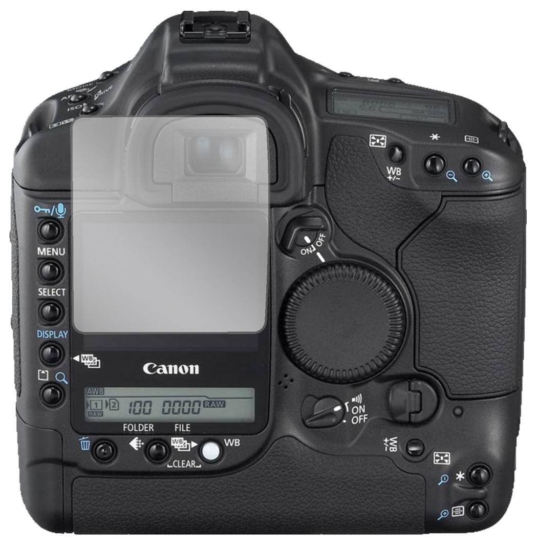 CanonEos 1DS Mark II mit aufgebrachter dipos Displayschutzfolie, glasklare Darstellung ohne Einschränkungen