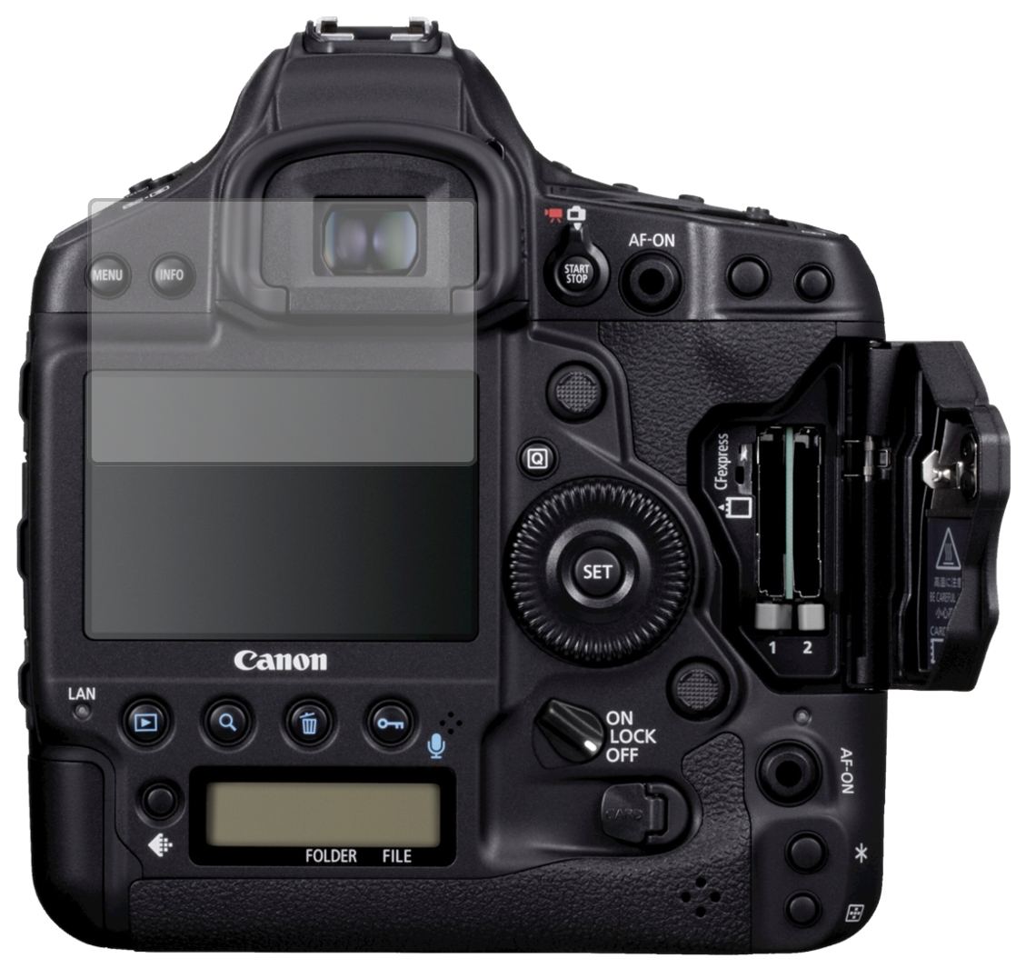 CanonEos 1DX Mark III mit aufgebrachter dipos Displayschutzfolie, die lästige Fingerabdrücke minimiert