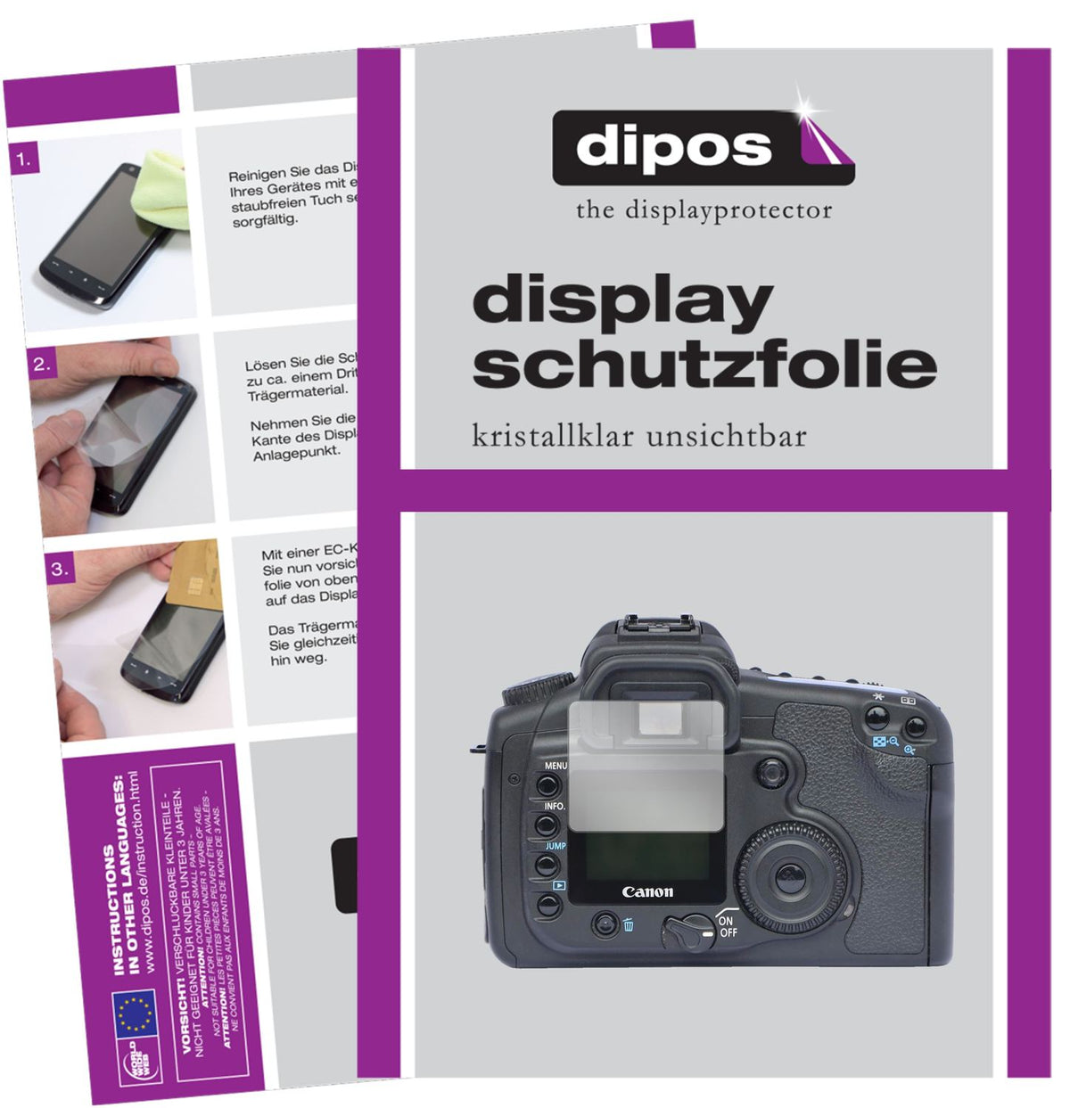Klare Displayschutzfolie von dipos passend für Canon Eos 30D, präziser Zuschnitt und blasenfrei montiert