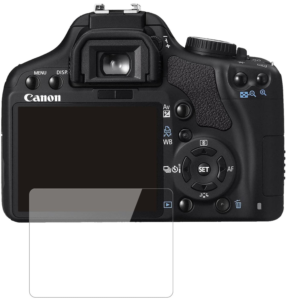 CanonEOS 450D mit aufgebrachter dipos Flex Schutzfolie, glasklare Darstellung ohne Einschränkungen