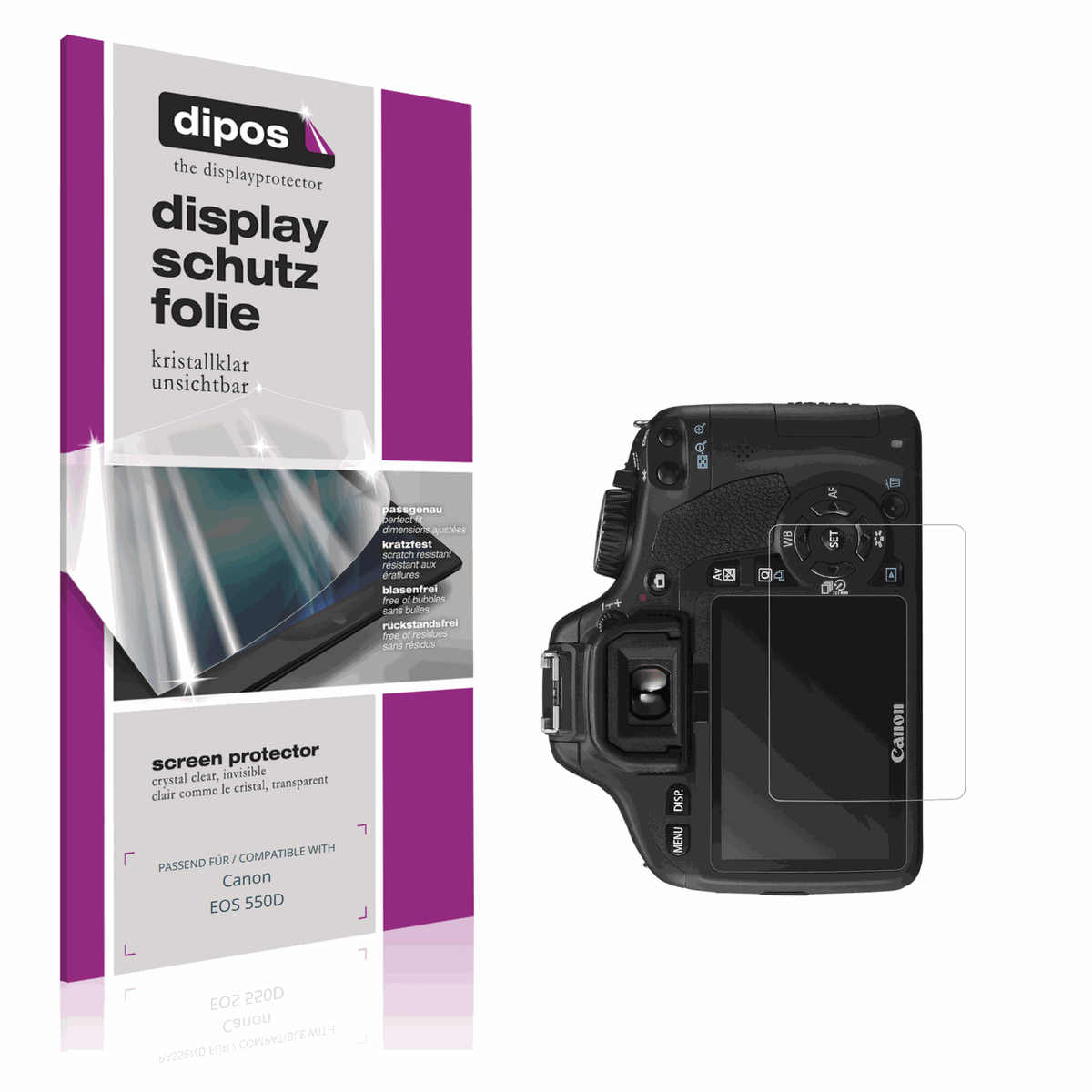 Klare Displayschutzfolie von dipos passend für Canon EOS 550D, präziser Zuschnitt und blasenfrei montiert