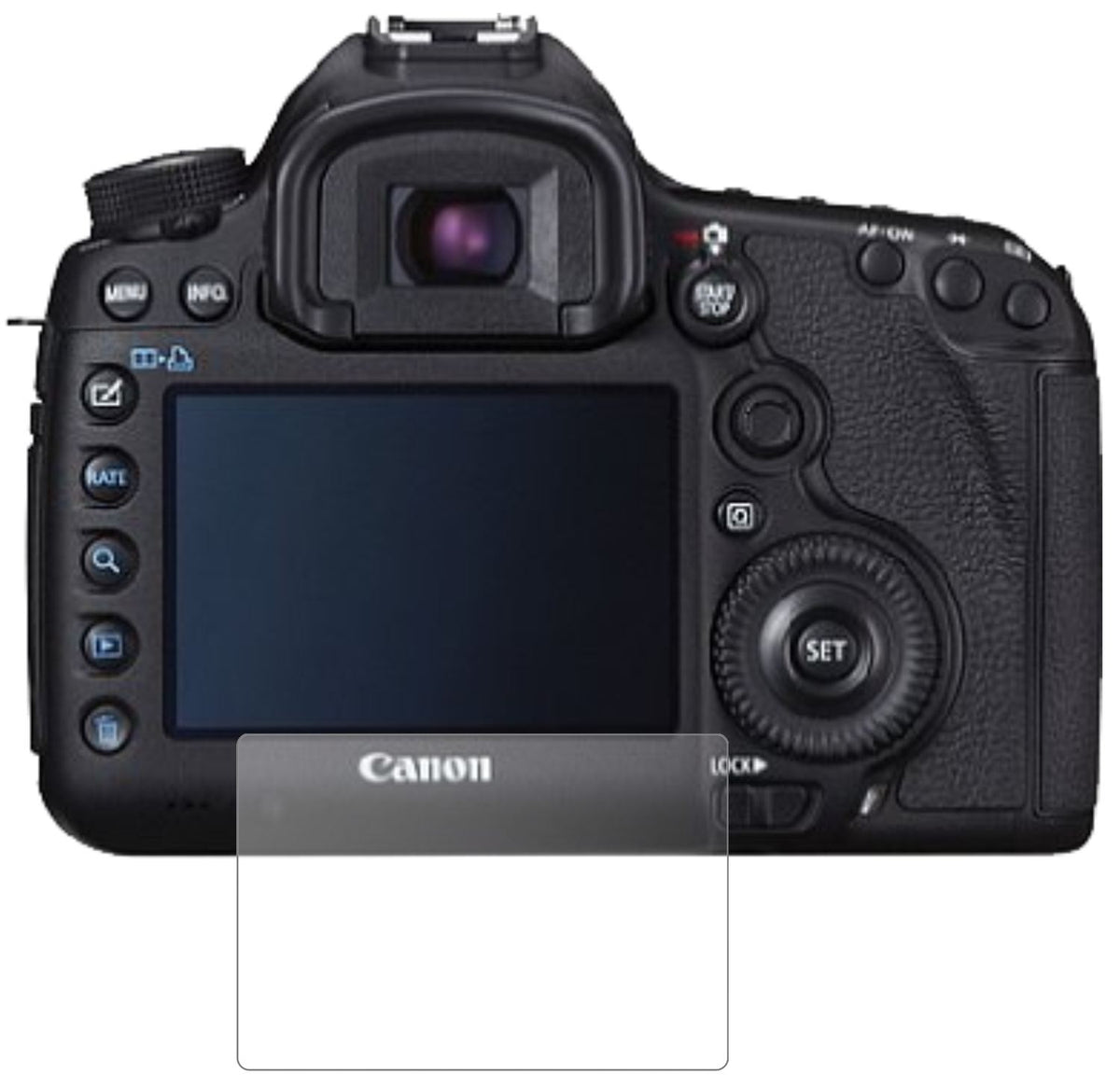CanonEOS 5D Mark III mit aufgebrachter dipos Panzerfolie, die lästige Fingerabdrücke minimiert
