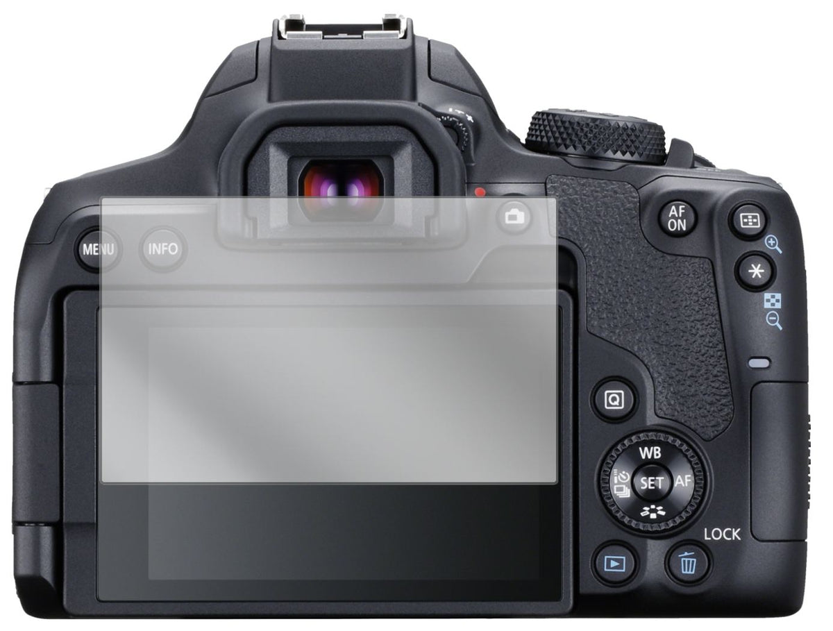 CanonEOS 850D mit aufgebrachter dipos Displayschutzfolie, glasklare Darstellung ohne Einschränkungen