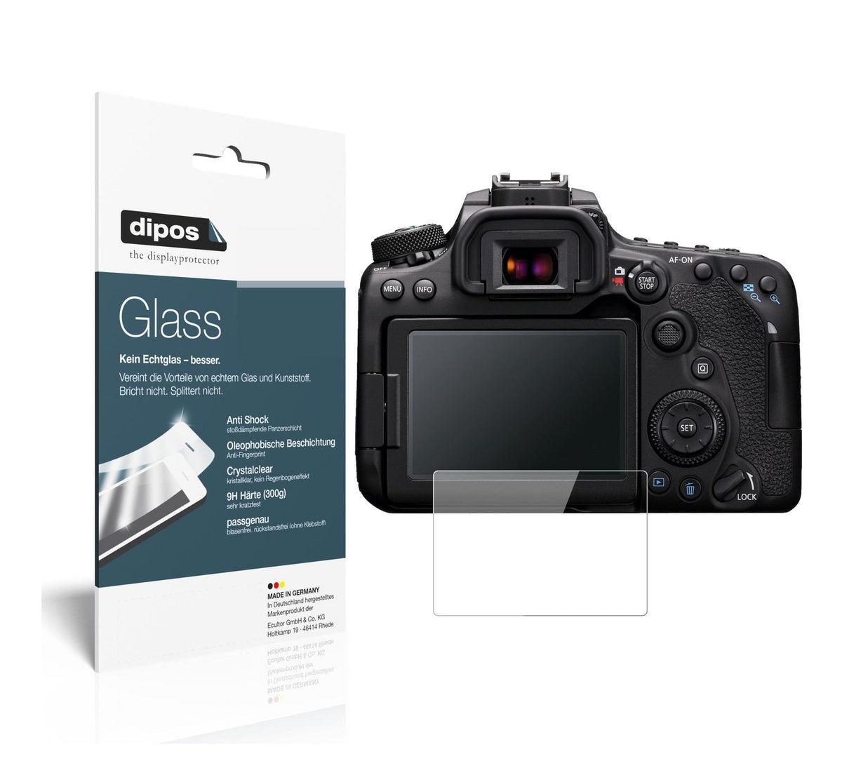 Klare Displayschutzfolie von dipos passend für Canon EOS 90D, 9H kratzfest und blasenfrei montiert