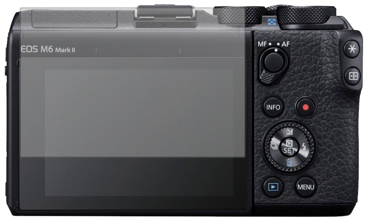 CanonEOS M6 Mark II mit aufgebrachter dipos Displayschutzfolie, die lästige Fingerabdrücke minimiert