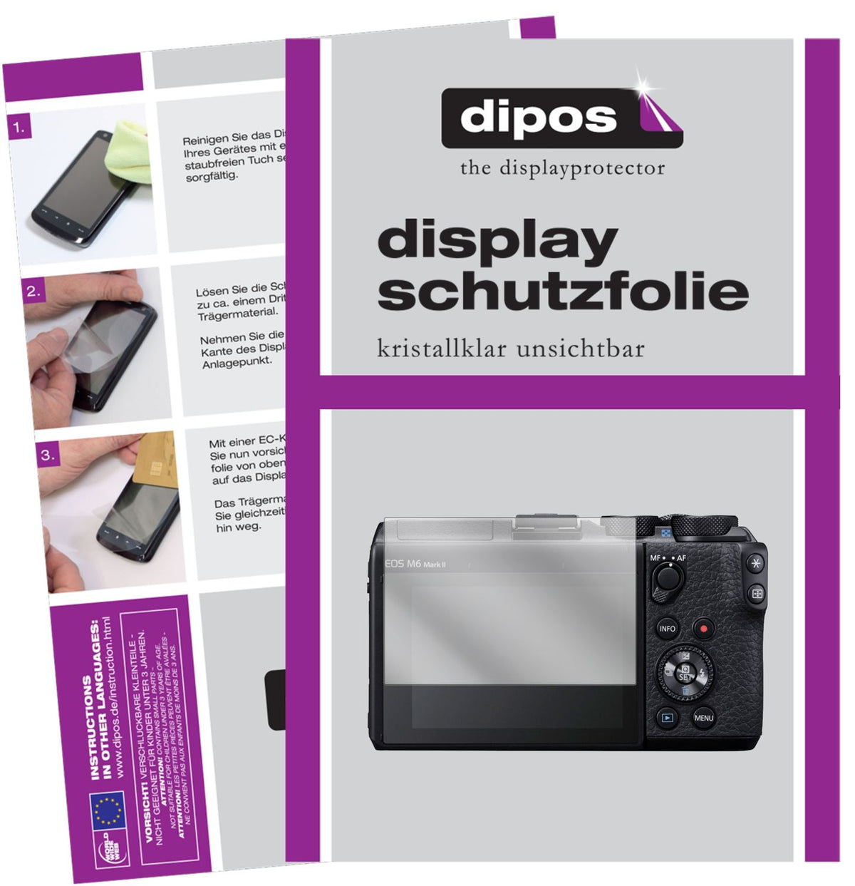 Klare Displayschutzfolie von dipos passend für Canon EOS M6 Mark II, präziser Zuschnitt und blasenfrei montiert