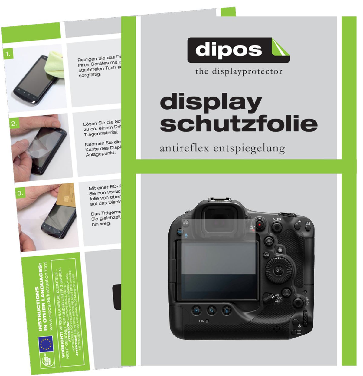 Matte Displayschutzfolie von dipos passend für Canon EOS R3, präziser Zuschnitt und blasenfrei montiert