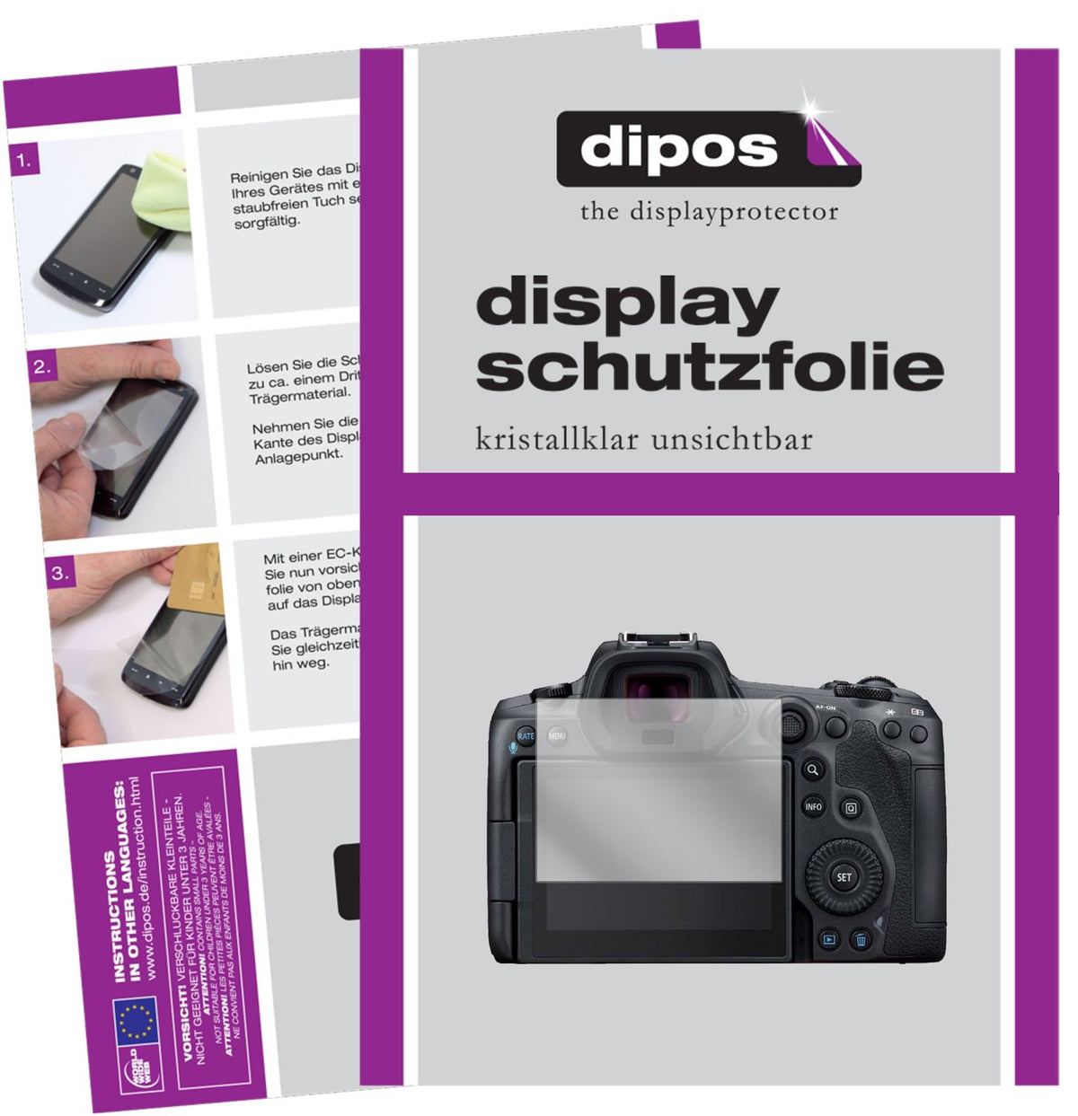 Klare Displayschutzfolie von dipos passend für Canon EOS R6, präziser Zuschnitt und blasenfrei montiert