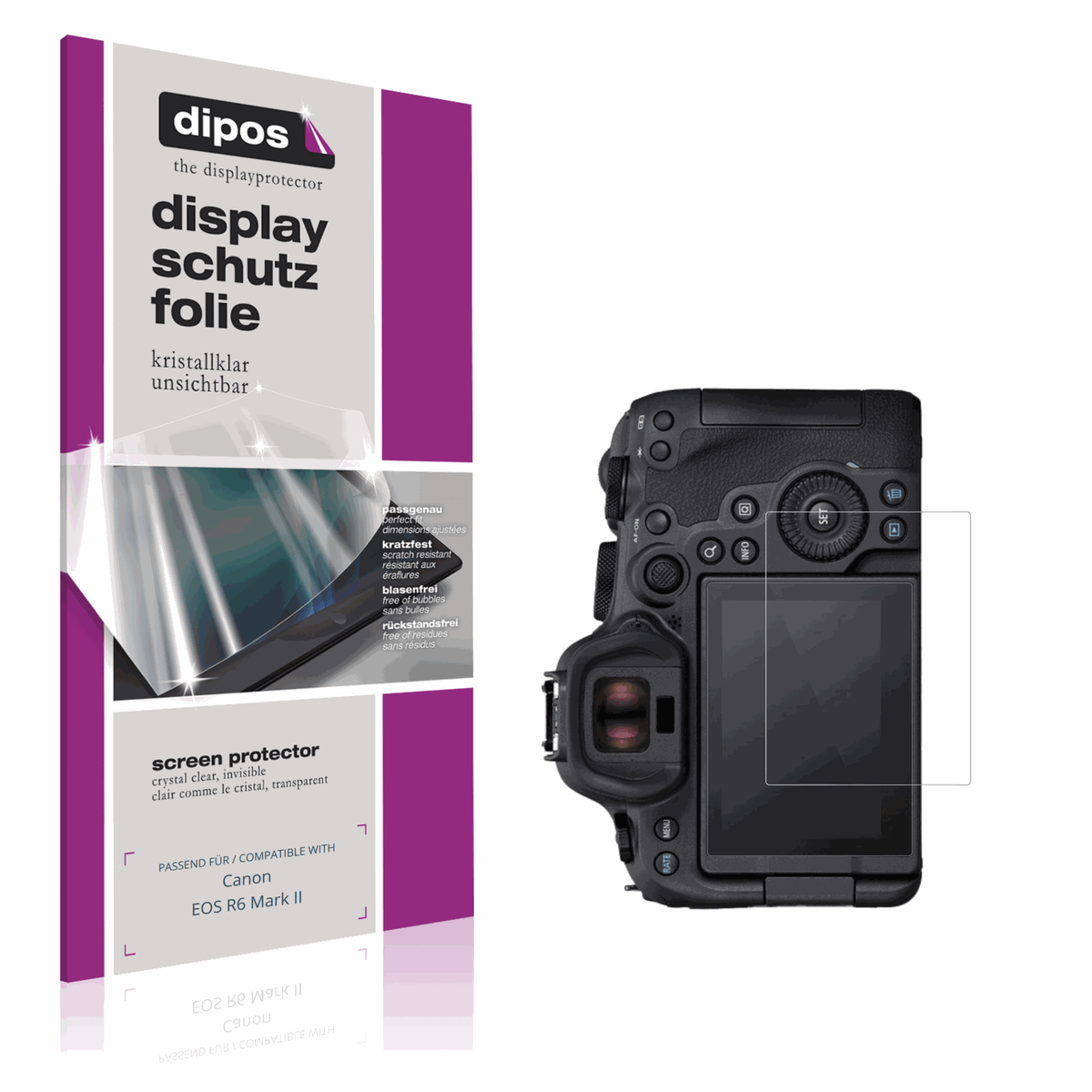 Klare Displayschutzfolie von dipos passend für Canon EOS R6 Mark II, präziser Zuschnitt und blasenfrei montiert