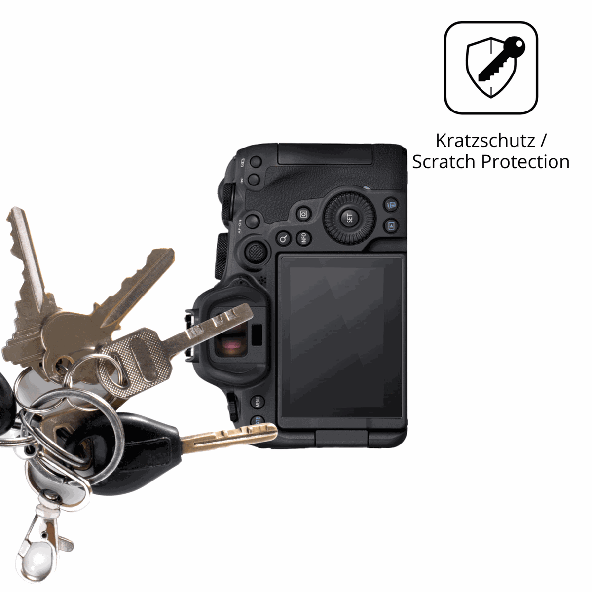 Schutz gegen Kratzer auf dem Canon EOS R6 Mark II Glas durch Schlüssel oder Ähnliches