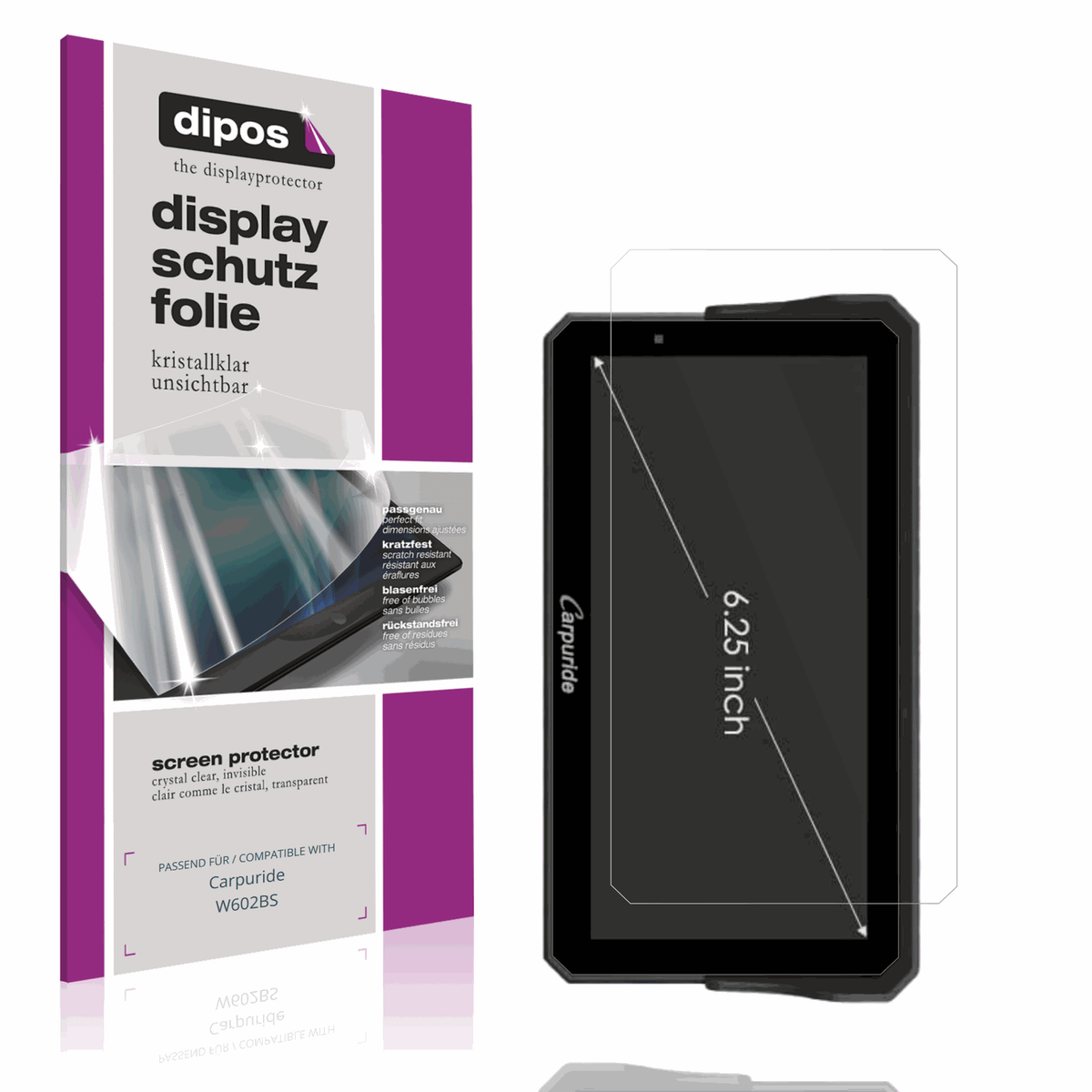 Klare Displayschutzfolie von dipos passend für Carpuride W602BS, präziser Zuschnitt und blasenfrei montiert