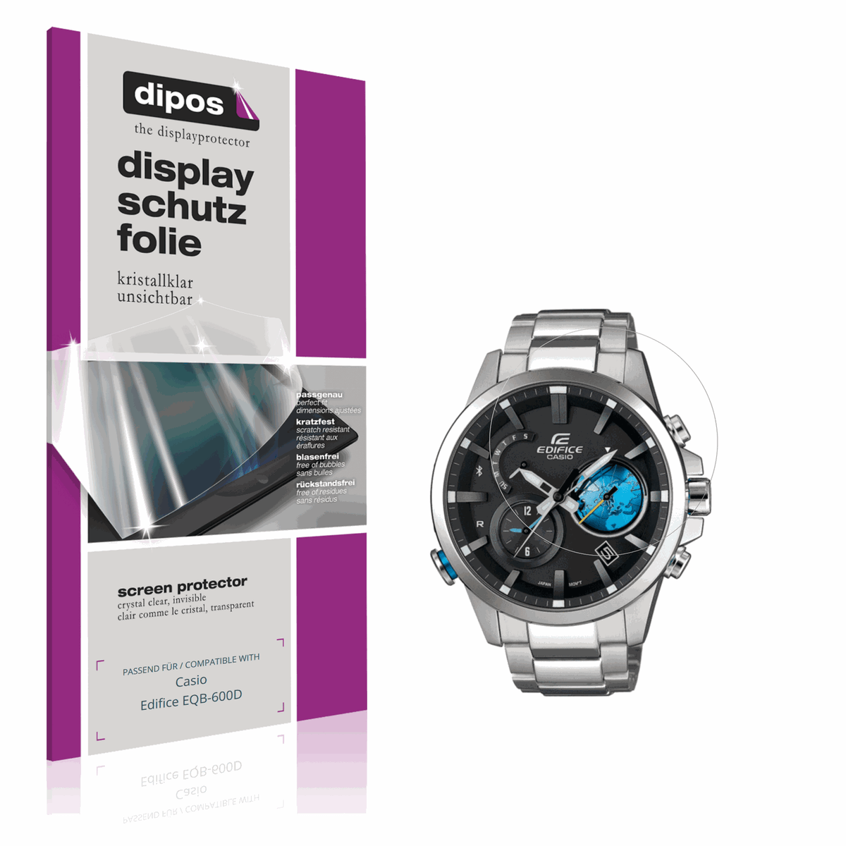 Klare Displayschutzfolie von dipos passend für Casio Edifice EQB-600D, präziser Zuschnitt und blasenfrei montiert