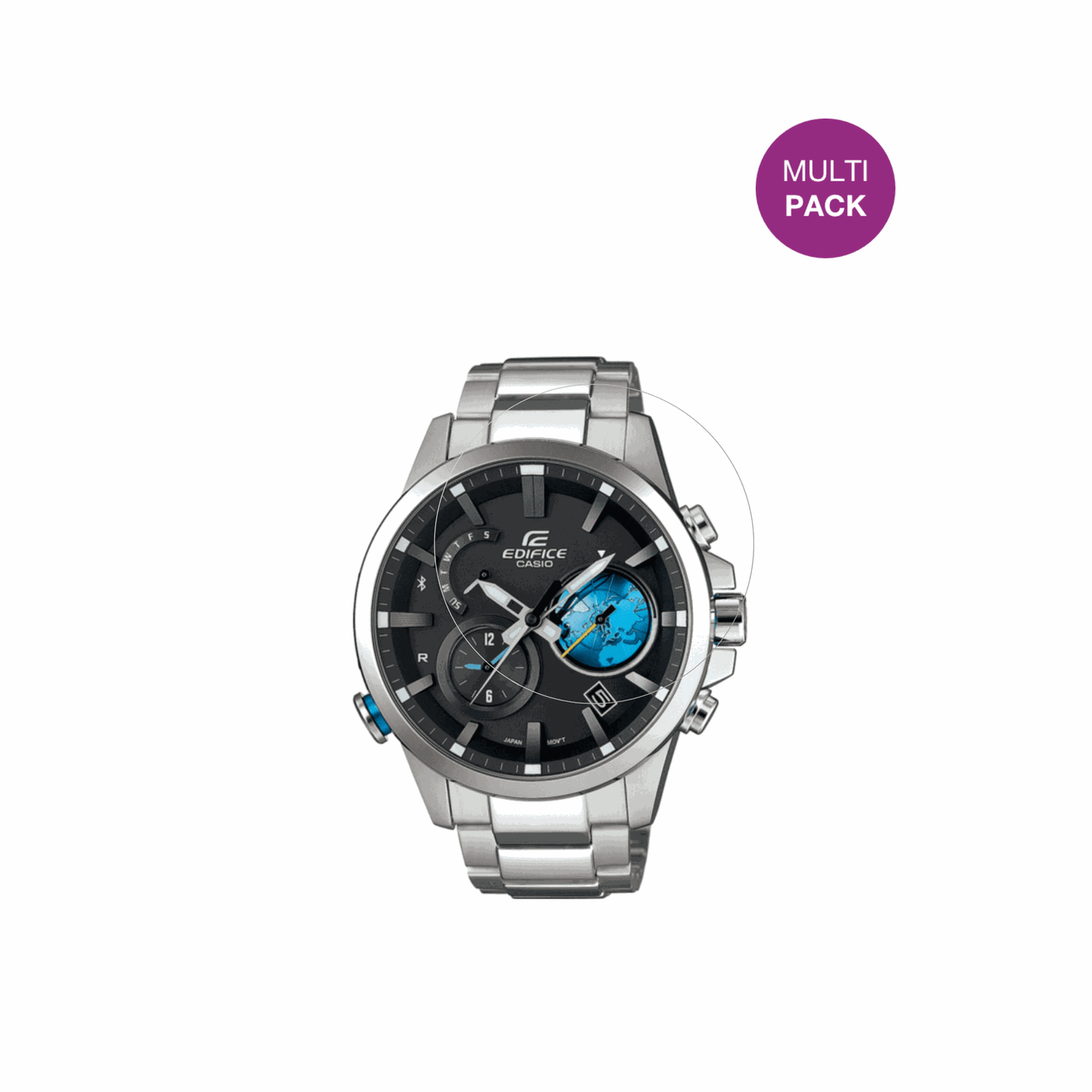 CasioEdifice EQB-600D mit aufgebrachter dipos Displayschutzfolie, glasklare Darstellung ohne Einschränkungen
