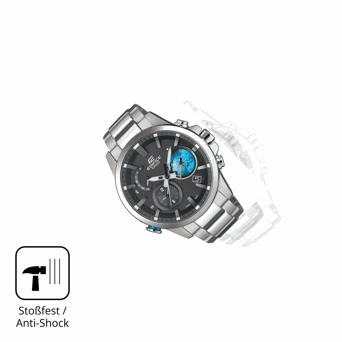 Schutz gegen Kratzer auf dem Casio Edifice EQB-600D Glas durch Schlüssel, Stöße gegen die Tischkante oder Stürze