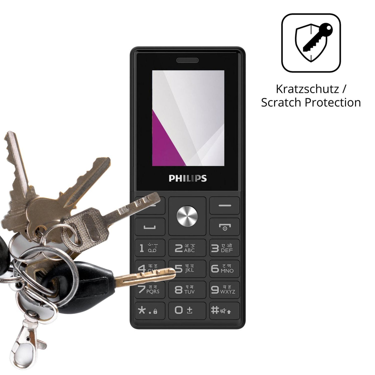 Schutz gegen Kratzer auf dem Philips E2112 Glas durch Schlüssel oder Ähnliches