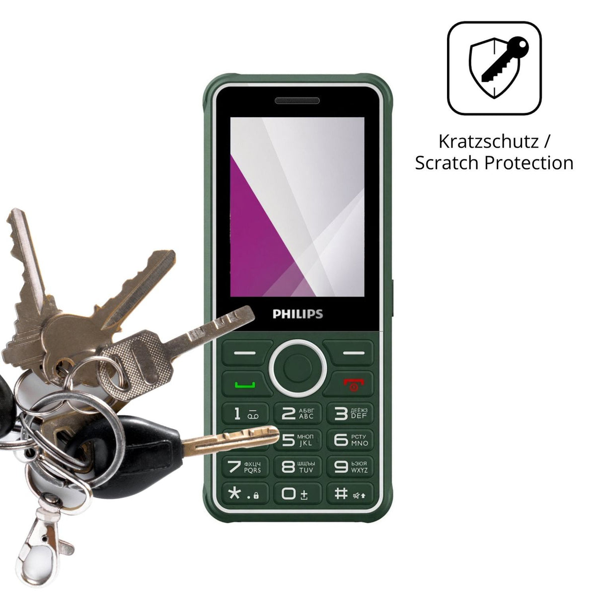 Schutz gegen Kratzer auf dem Philips Xenium E2301 Glas durch Schlüssel oder Ähnliches