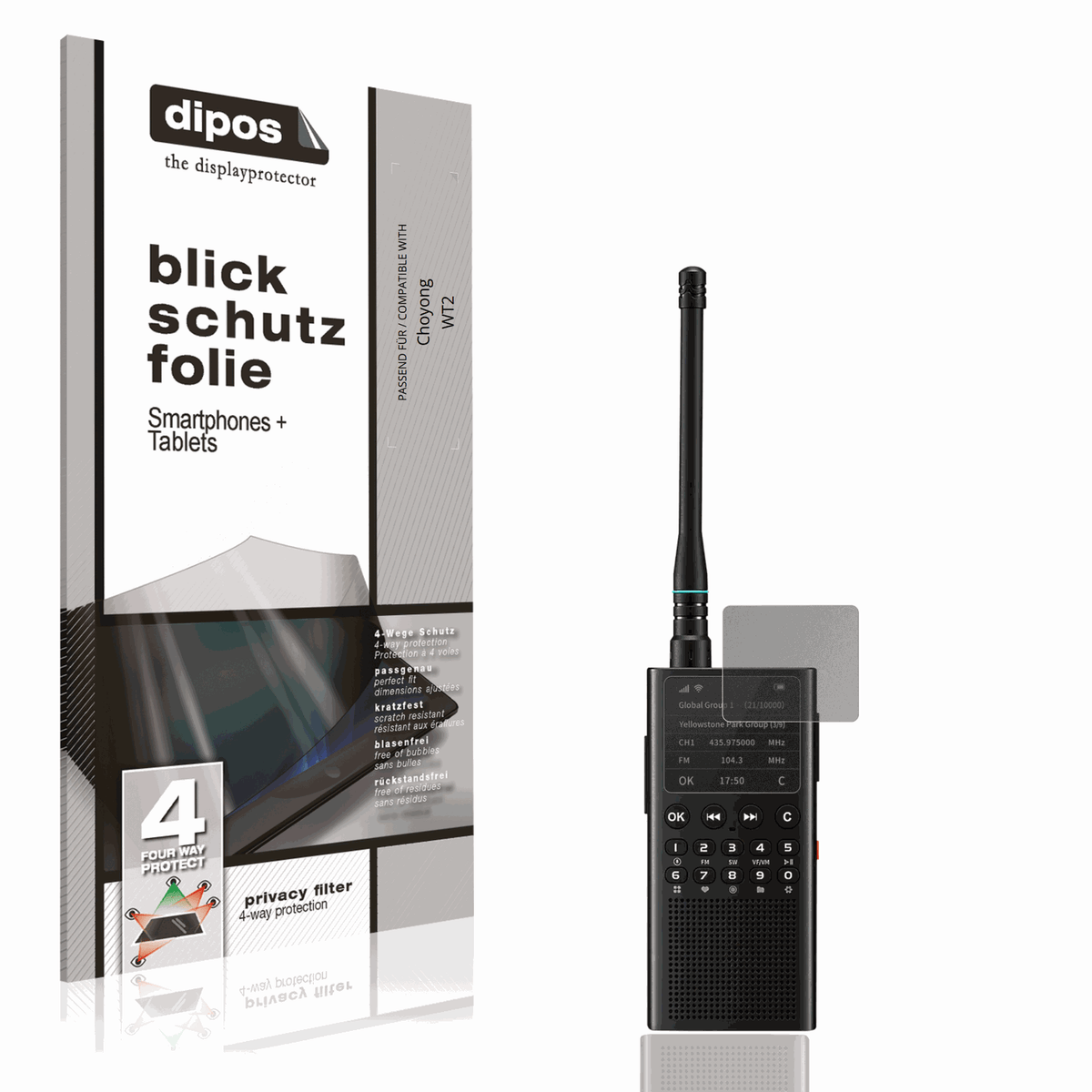 Blickschutzfolie von dipos passend für Choyong WT2, präziser Zuschnitt und blasenfrei montiert