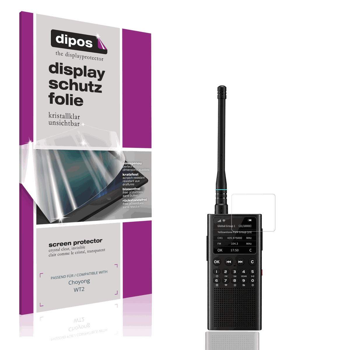 Klare Displayschutzfolie von dipos passend für Choyong WT2, präziser Zuschnitt und blasenfrei montiert